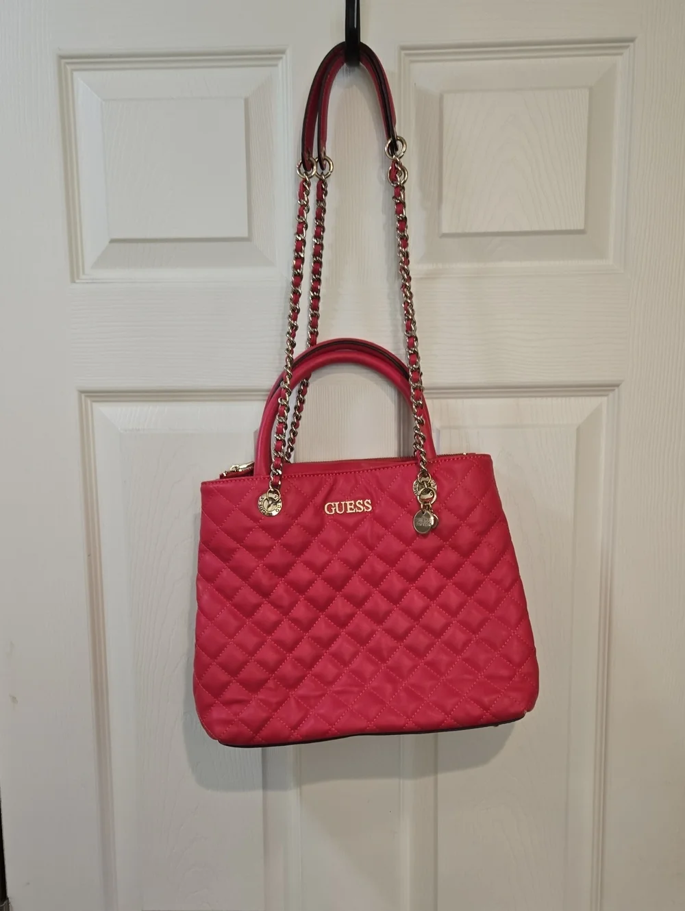 GUESS Quilted Satchel in Fuchsia Pink with Silver Hardware